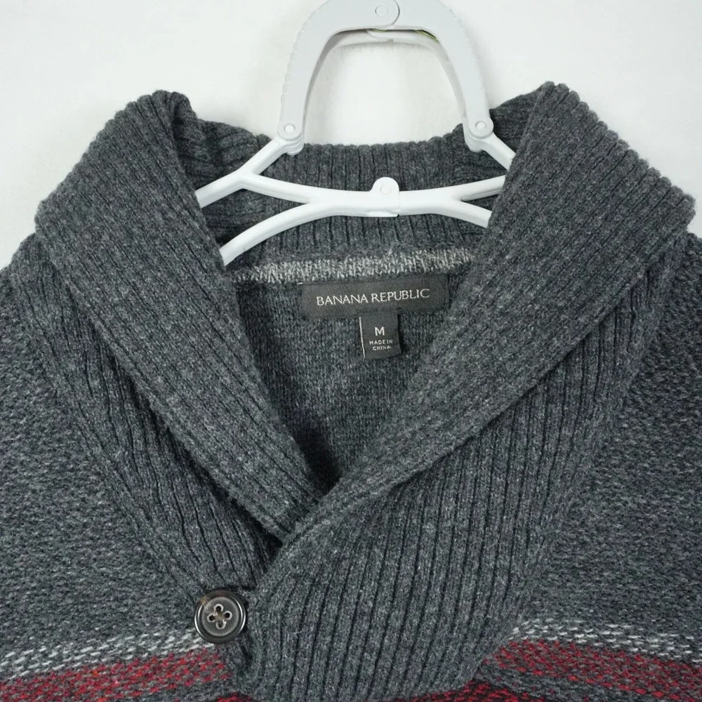 Banana Republic Men's Shawl Collar‎ Striped Knit Sweater Medium Gray Wool Blend